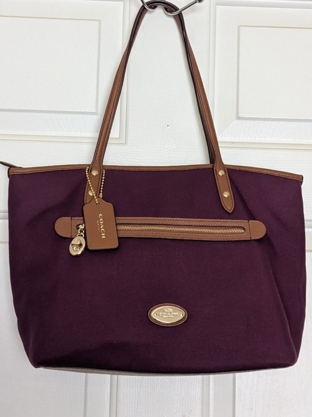 Coach Sawyer Plum Canvas & Leather Tote Bag Gold Hardware Charm Purple .